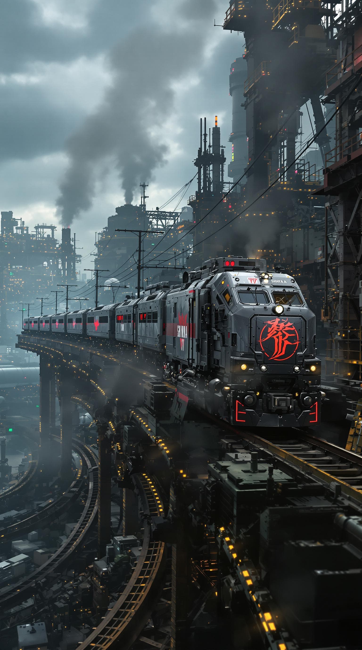 AI generated: Imagen hiperrealista del tren de Shinra circulando por las vías elevadas de Midgar, inspirado en Fin...