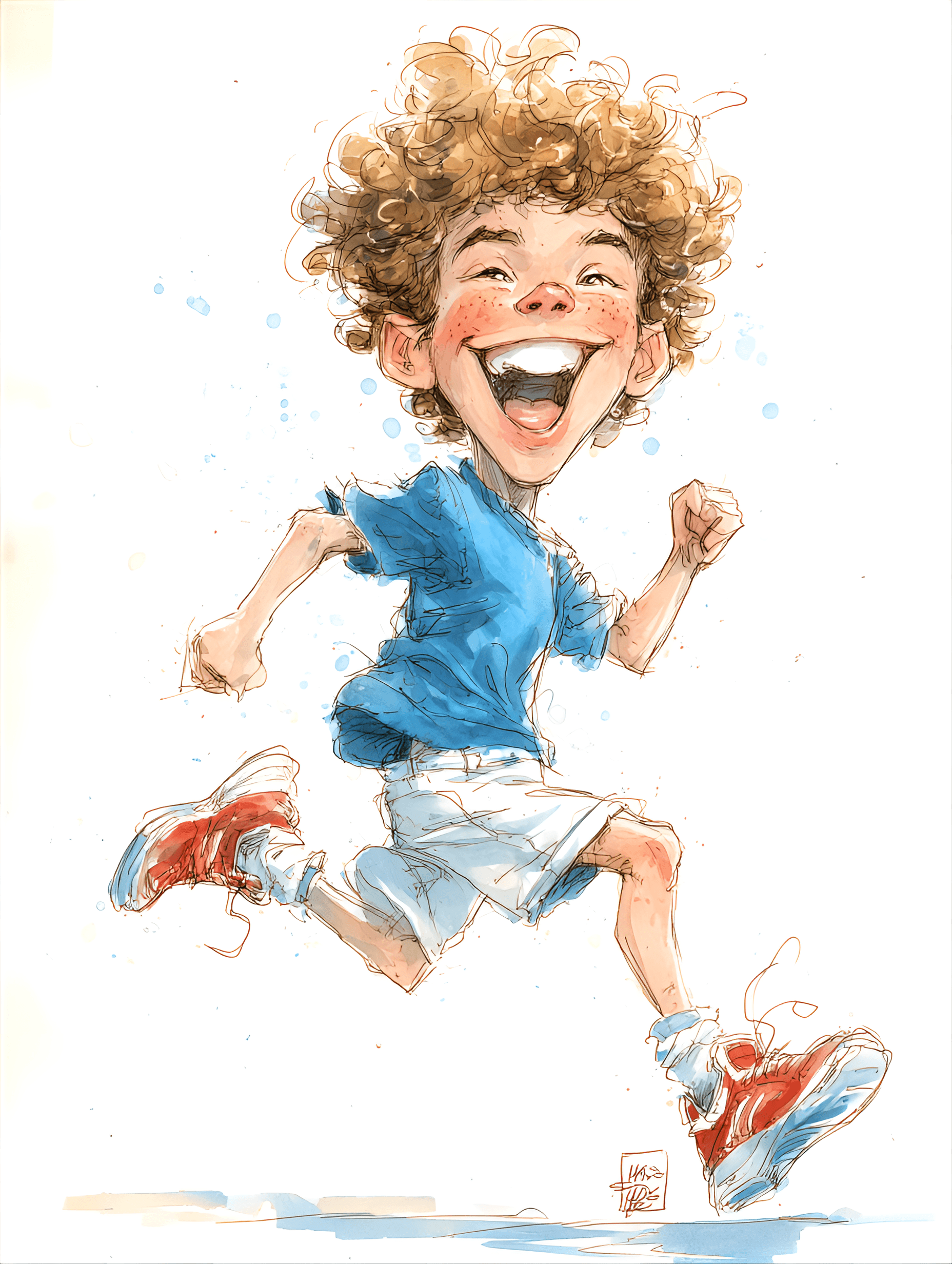 AI generated: funny caricature, energetic boy caricature, juvenile cheerful male, 7 years old, curly hair, freckle...