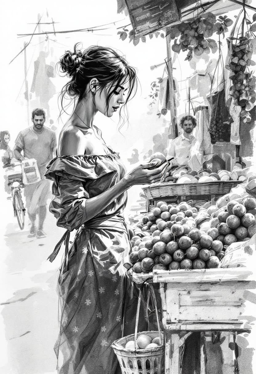 AI generated: Sketch, Beautiful Pencil Line Art, Artistic Brush Strokes, Beautiful, Market Vendor, Beautiful Girl ...