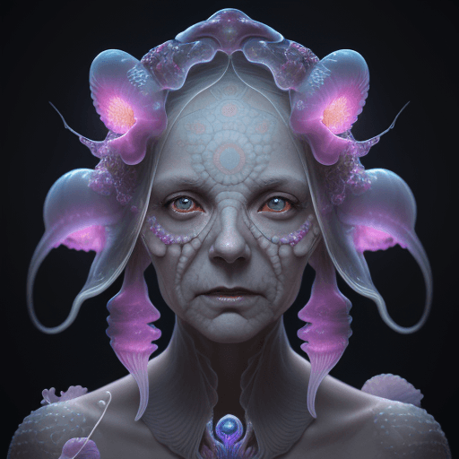 AI generated: Old women, rinkle skin close-up portrait ribcagel. jellyfish phoenix head, nautilus, orchid, skull, ...