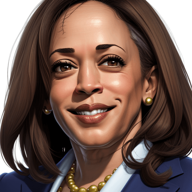 AI generated: cartoon kamala harris headshot, looking into camera, white background, smiling, 4K, wearing a suit
