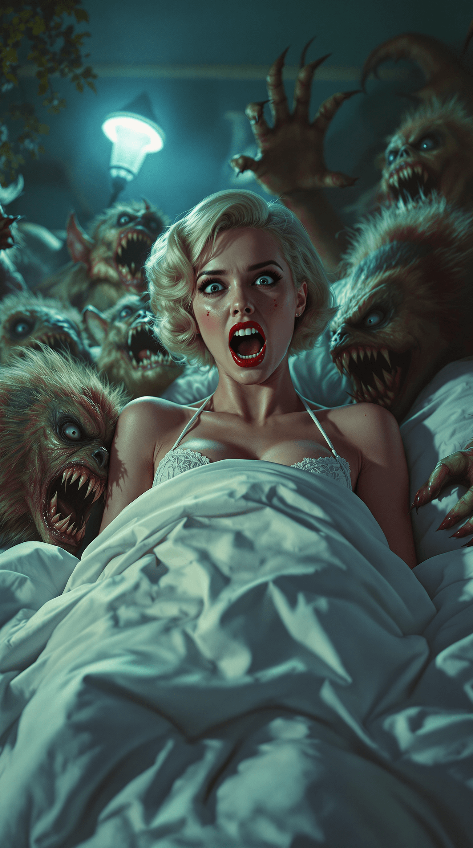AI generated: In the hyperreal style of Tom Bagshaw, a vibrant, dynamic, horror-inspired, colorful image of an att...