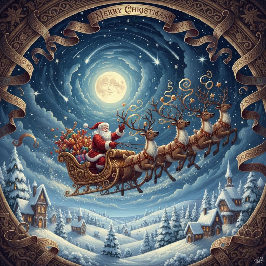 AI generated: christmas card santa claus in sled, in the style of 32k uhd, quadratura, lively and energetic --chao...