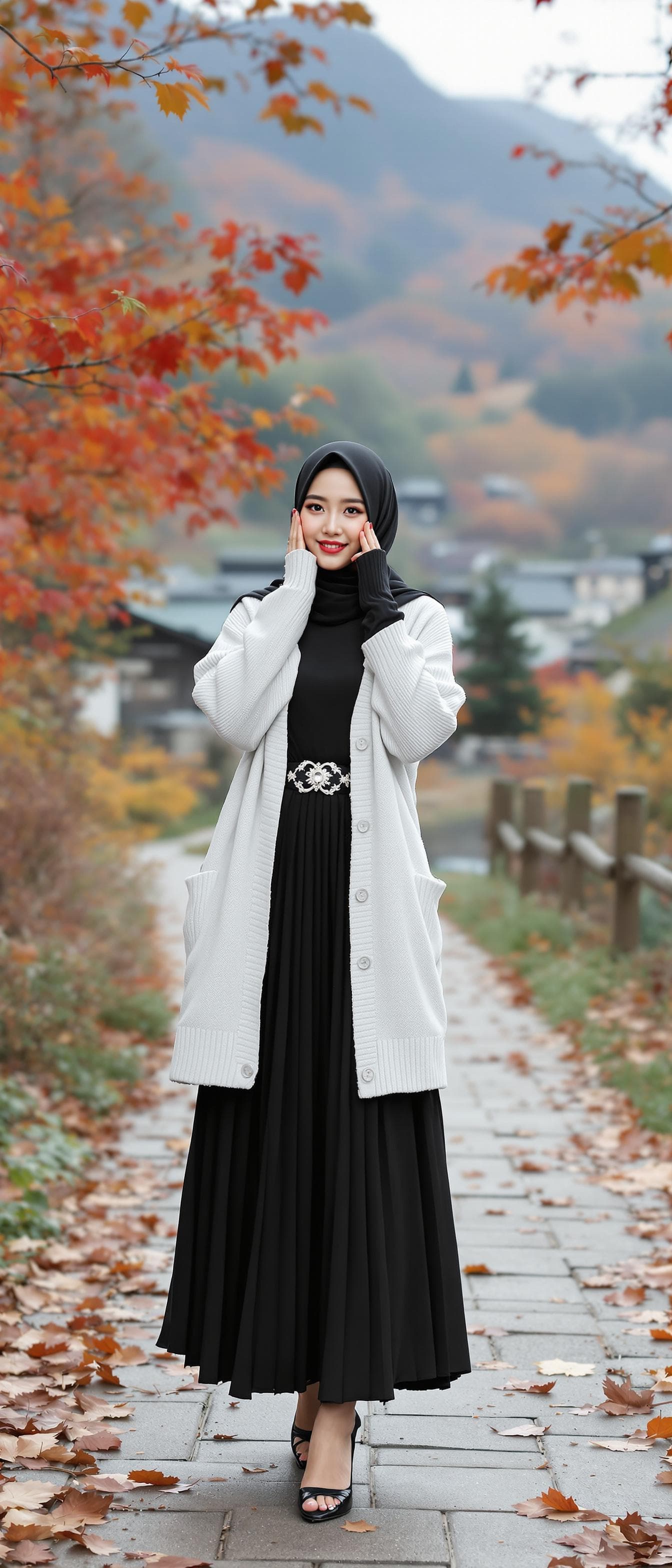 AI generated: realistic, japanese girl, beautiful girl, ulzzang face, shot front middle, hand on cheeks, black hij...