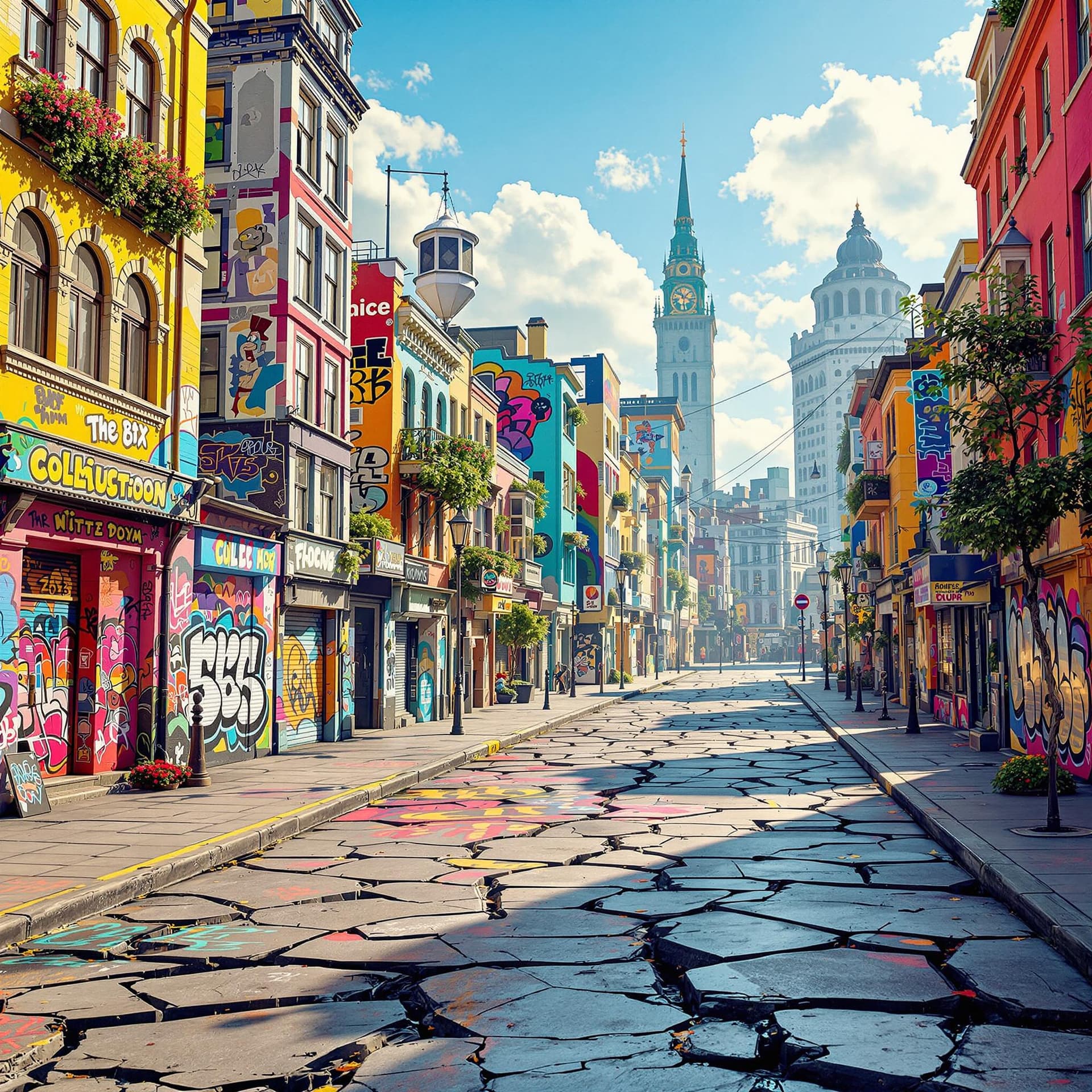 AI generated: urban city street with bright 3d colorful graffiti buildings, and cracked street, cinematic, hyper r...