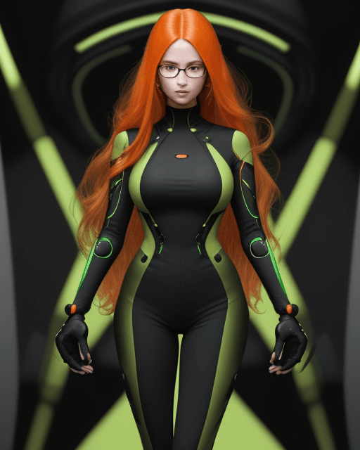 AI generated: Orange long hair, black and green jumpsuit, woman, futuristic tech, glasses