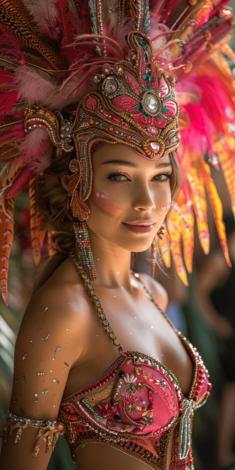 AI generated: artistic photography of a beautiful female in pink and gold performing for the Rio Carnival, photore...
