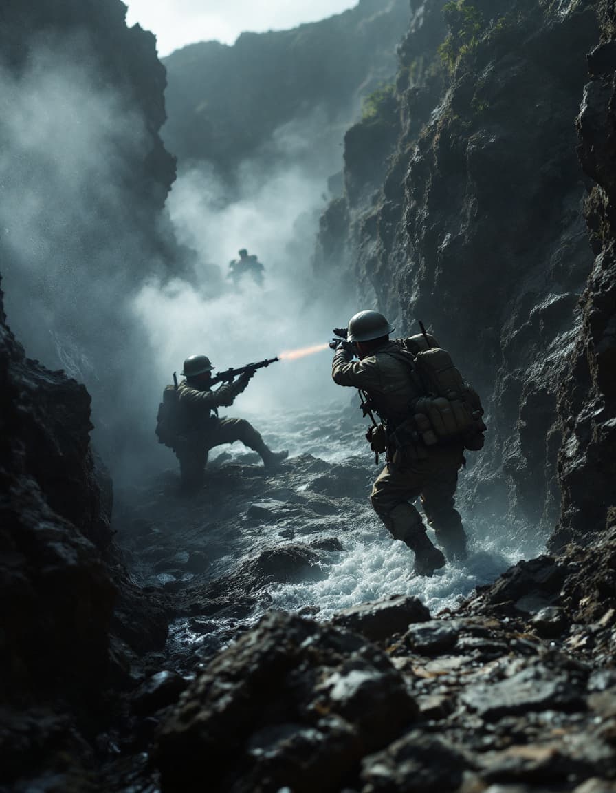 AI generated: in the deepest Pacific ocean  trenches World War I soldiers fight each other and use tear gas and it...