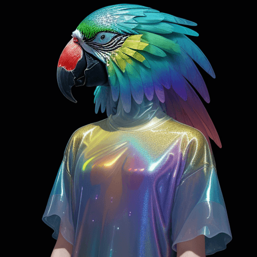 AI generated: Parrot Head with Human Body, Wearing Iridescent Holographic Liquid Texture & Translucent Material Su...