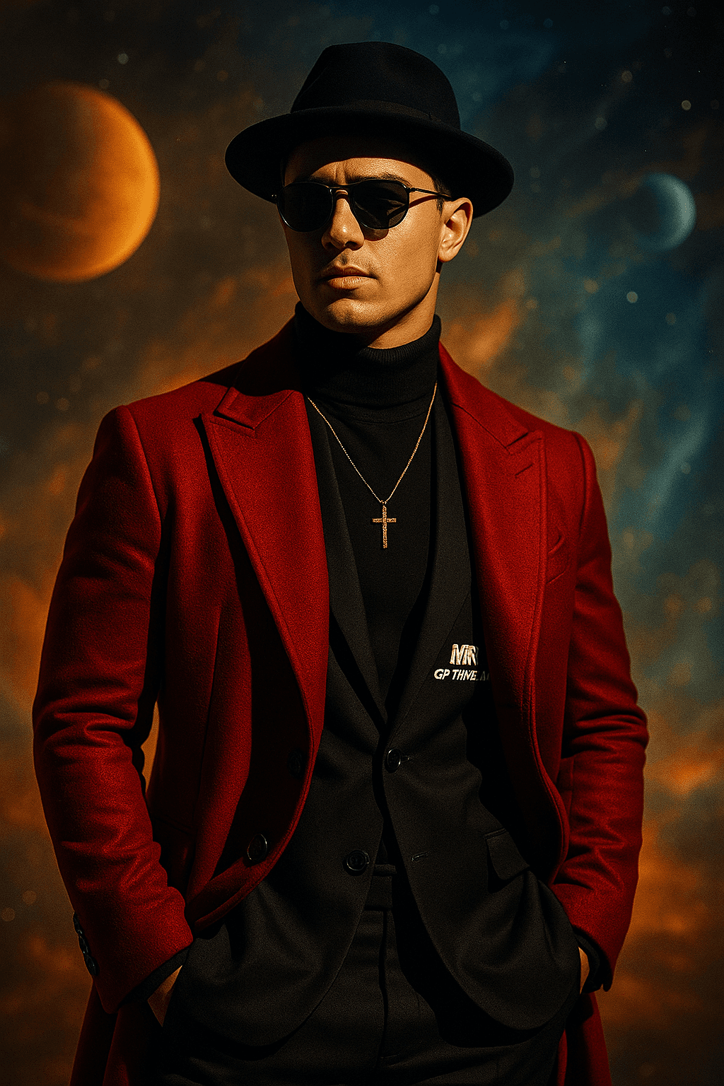 AI generated: Create a hyper-realistic portrait of a person wearing a stylish red long coat over a black turtlenec...