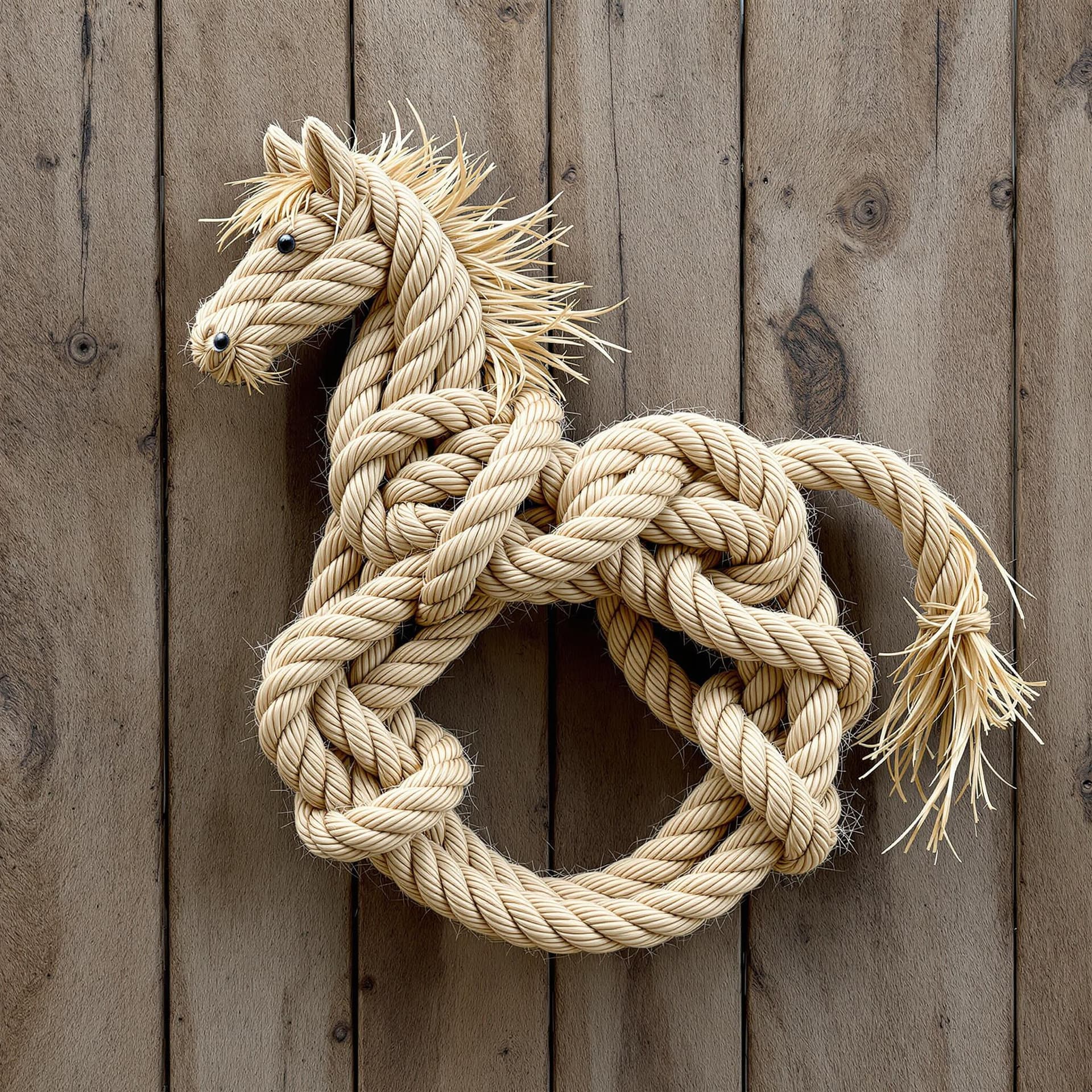 AI generated: A meticulously crafted nautical knot intricately shaped like a horse, made from thick, textured rope...