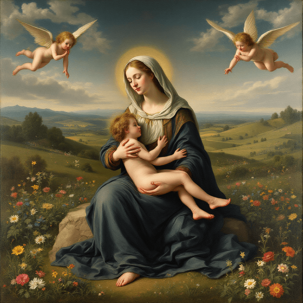 AI generated: Mary is holding Jesus in her arms in the style of Hans Memeling. She is sitting in a paradisiacal la...