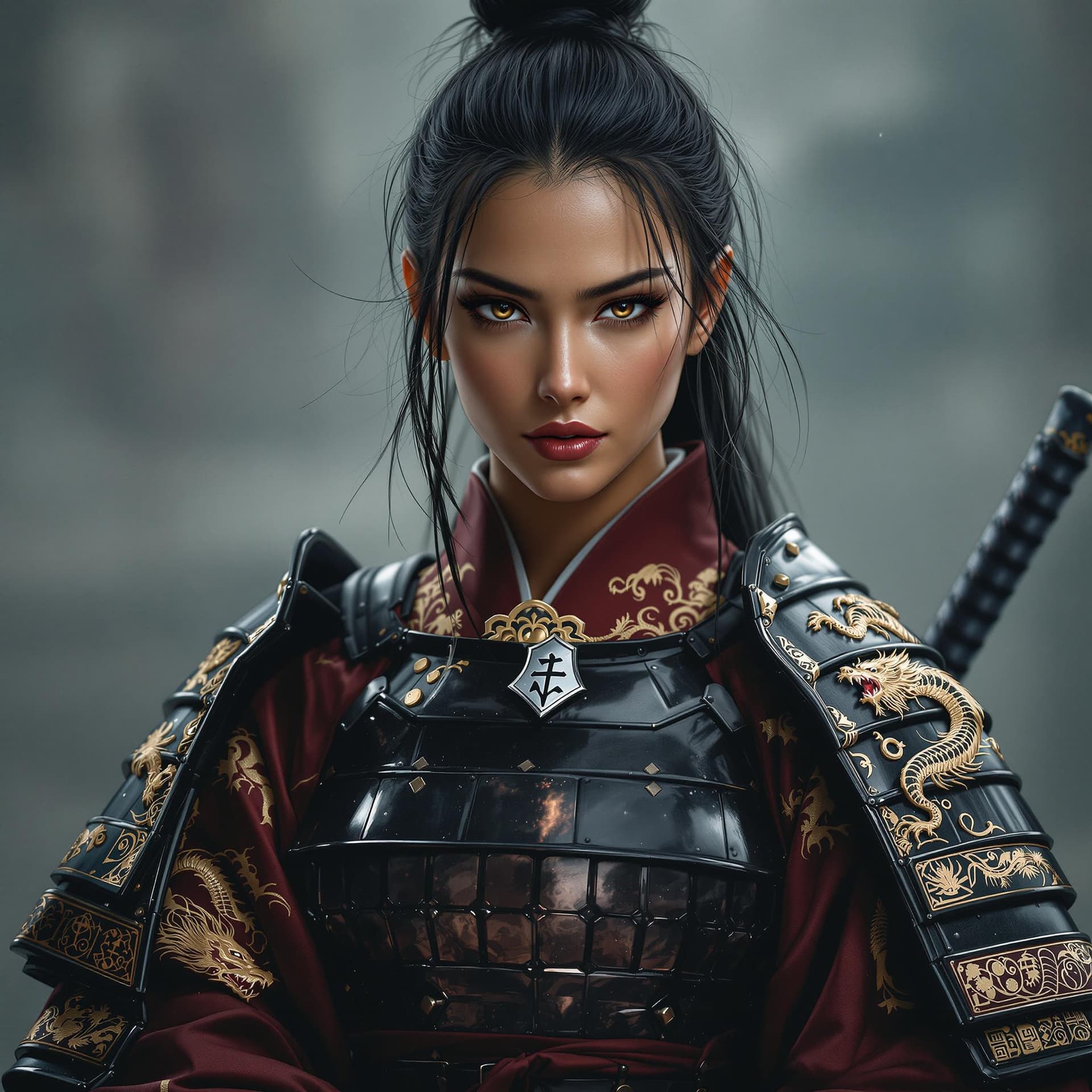 AI generated: A formidable and authentic female samurai, depicted from the waist up, with a powerful and commandin...