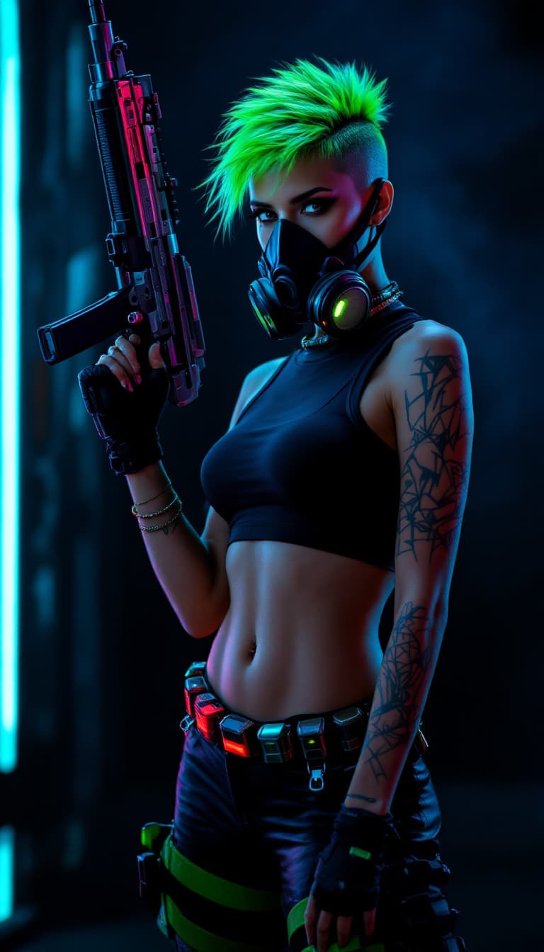AI generated: A gritty cyberpunk scene: a rebellious female figure stands against a dark, smoke-filled backdrop, l...