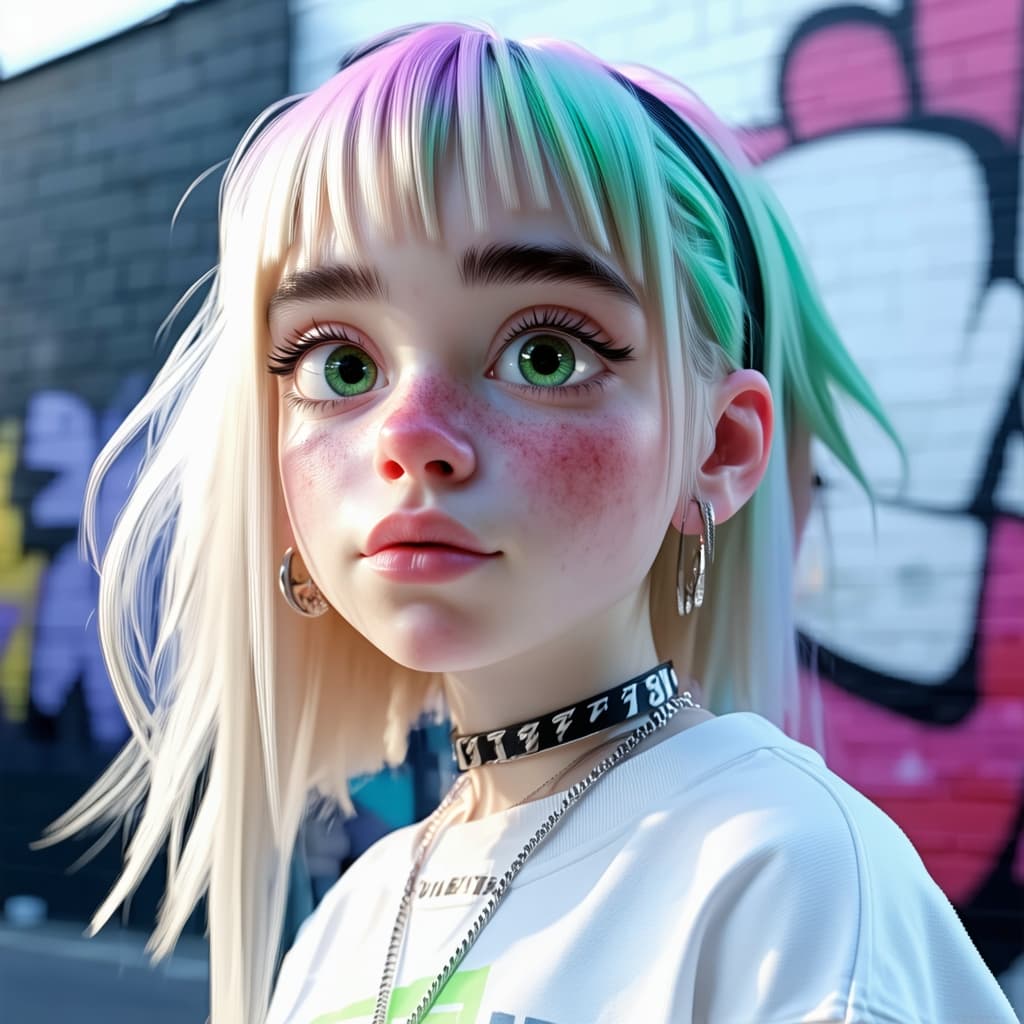 AI generated: billie eilish 4K UltraReal 3d image, cute girl, in the style of Pixar --ar 1:2 --stylize 750