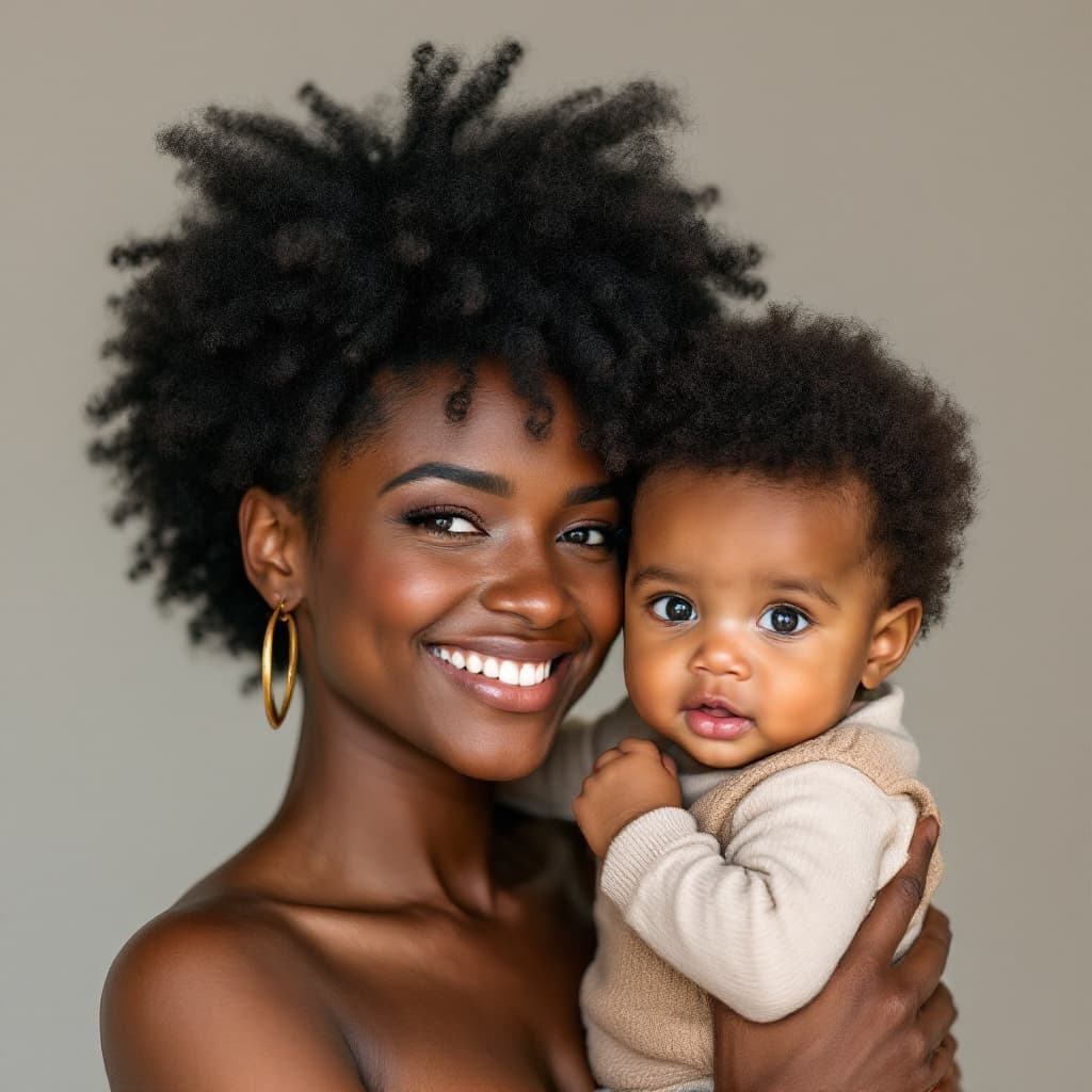 AI generated: image of a black mother with an afro hairstyle with her baby son 