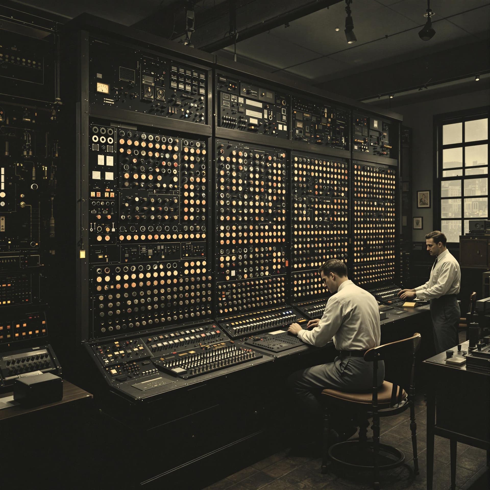 AI generated: Create an image of a first-generation computer from the mid-20th century. The computer should featur...
