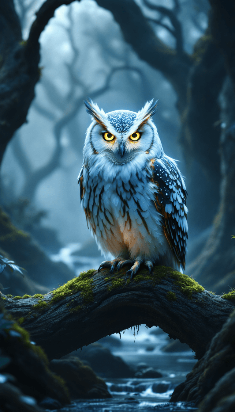 AI generated: A highly detailed, atmospheric scene of a mystical owl perched on a gnarled oak branch, guarding an ...