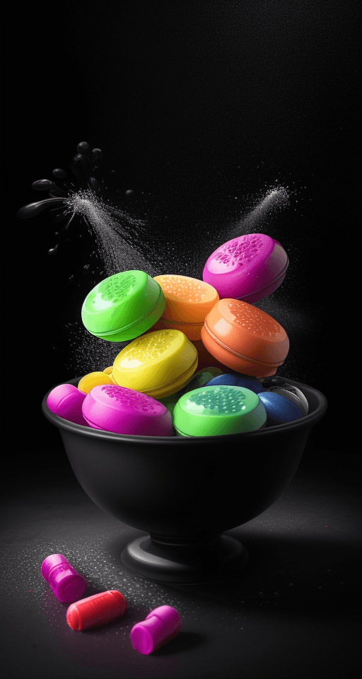 AI generated: a bowl full of freshly cut fruit can be seen, with a colorful dietary supplement pills next to it, w...