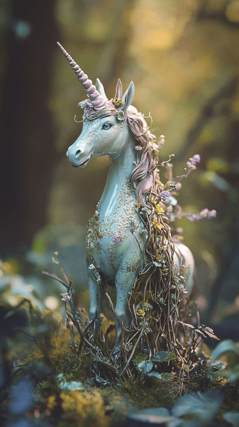 AI generated: Whimsical, Art Nouveau-inspired sculpture of a unicorn standing in a meadow, photorealistic, high-qu...