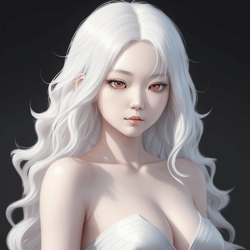 AI generated: White hair, silver eyes, Asian girl with wavy shoulder-length white curly hair, gorgeous appearance,...
