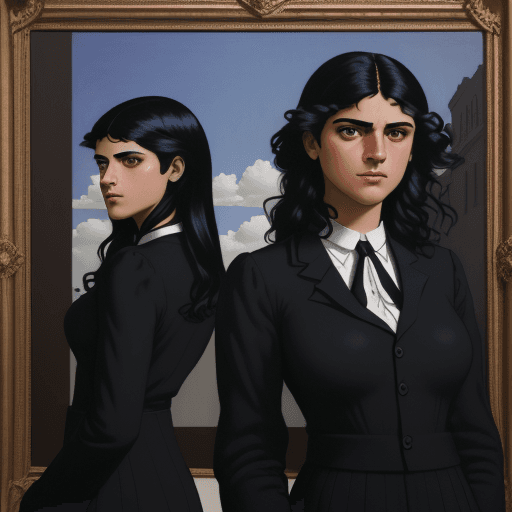 AI generated: Rene Magritte style, depict a scene of (Black-Haired Romani Girl) as (political party Members) , sim...