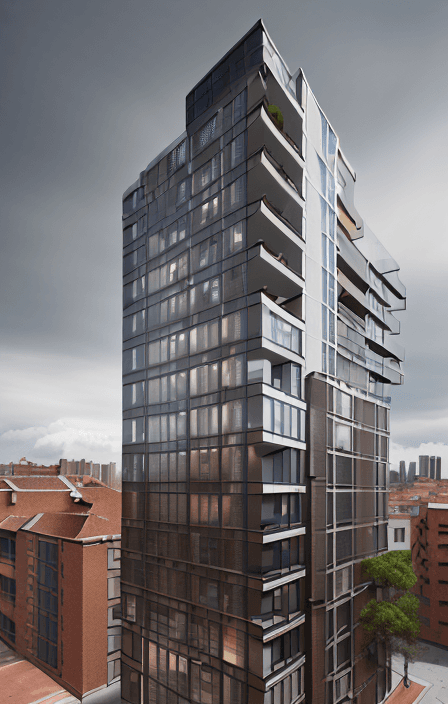 AI generated: High resolution photography of an architectural project of a residential building with 5 floors with...