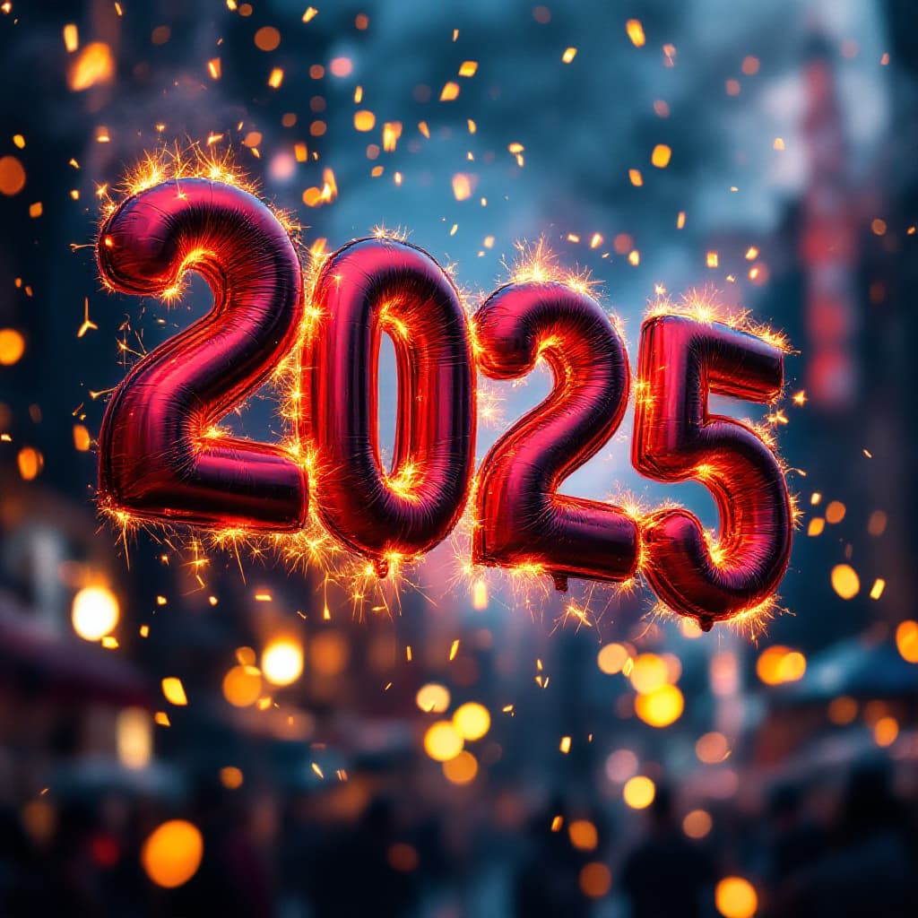 AI generated: ballonns,fire smoker,city ,4K,flime feel , written "Happy New Year 2025" written accurately.