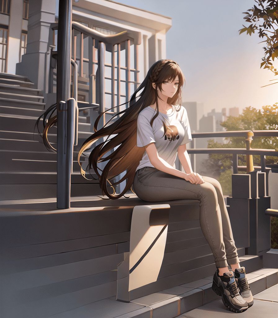 AI generated: perfect anime illustration, 1girl, braided buns, long brown hair, medium breasts, college, sitting o...