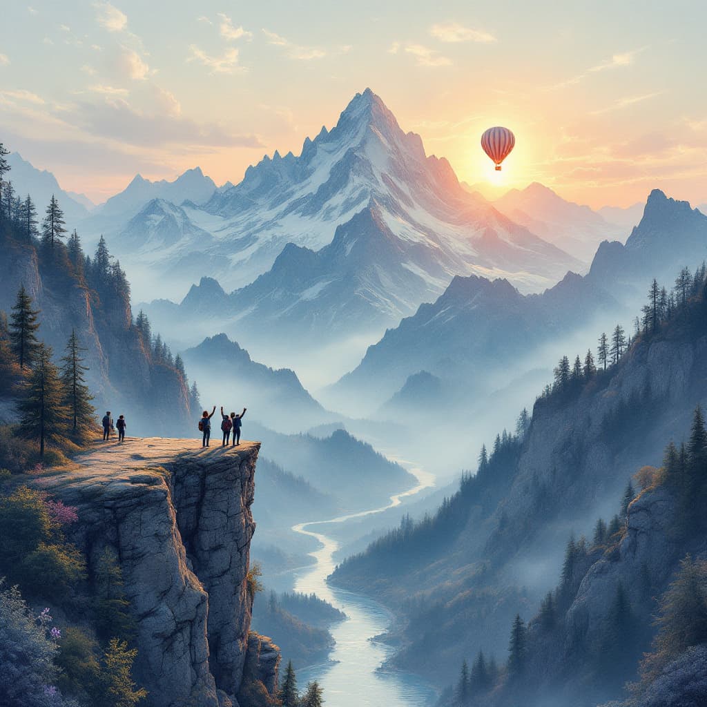 AI generated: A breathtaking mountain range at sunrise, with a hot air balloon floating above. A group of hikers w...