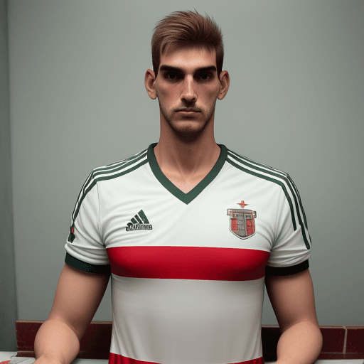 AI generated: create a tall boy of 1.83, and weighing 75kg, with a Cuban cut, and a river plate shirt, in the monu...