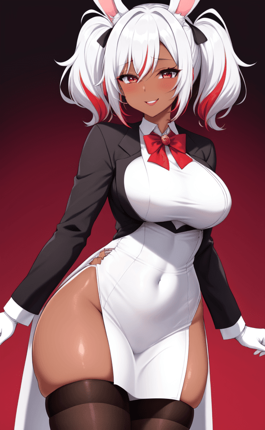 AI generated: mature female,((dark skin:1)),{{dress suit}},((dynamic pose)),{{{bunny ears}}},standing,(white hair,...