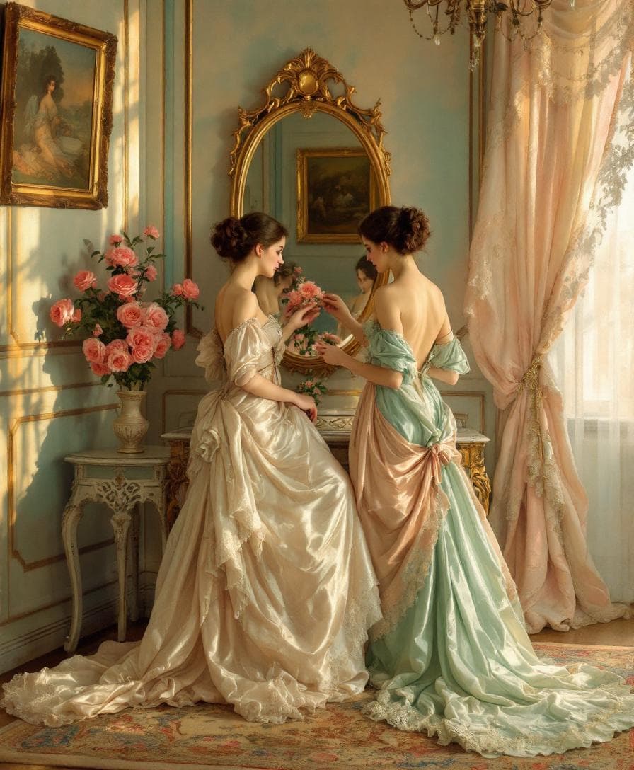 AI generated: (Masterpiece), ((“Interior with Two Ladies Before the Mirror” inspired by Fernand Toussaint, 1900)),...