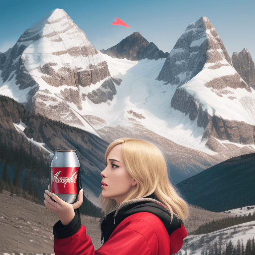AI generated: mountain in the background, blonde woman, facing us, holding a red can of coke, vertical white writi...