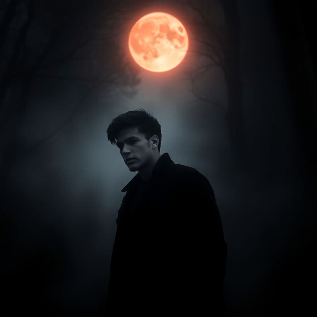 AI generated: A dramatic, dark image of a young, handsome man with a powerful presence, standing in a misty forest...