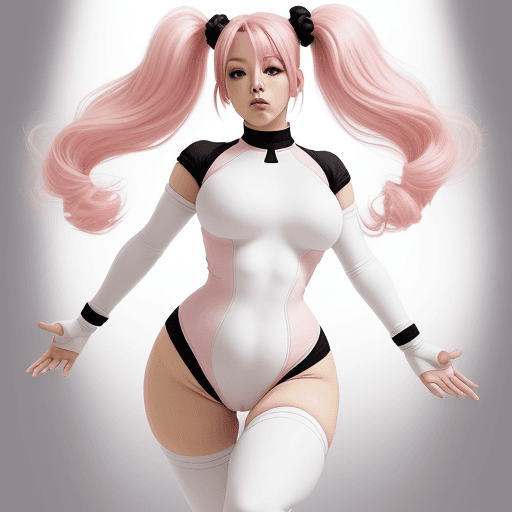 AI generated: Pink hair styled in twin tails, White outfit with black accents, Dynamic pose with one leg raised, H...
