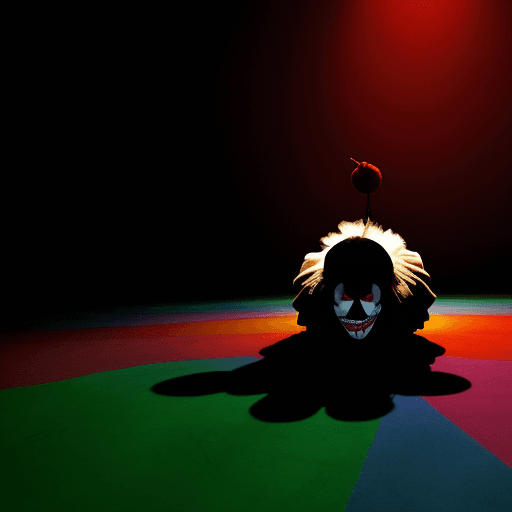 AI generated: clown is dead in empty big old circus he is lying on the floor and behind him in the shadow strange ...