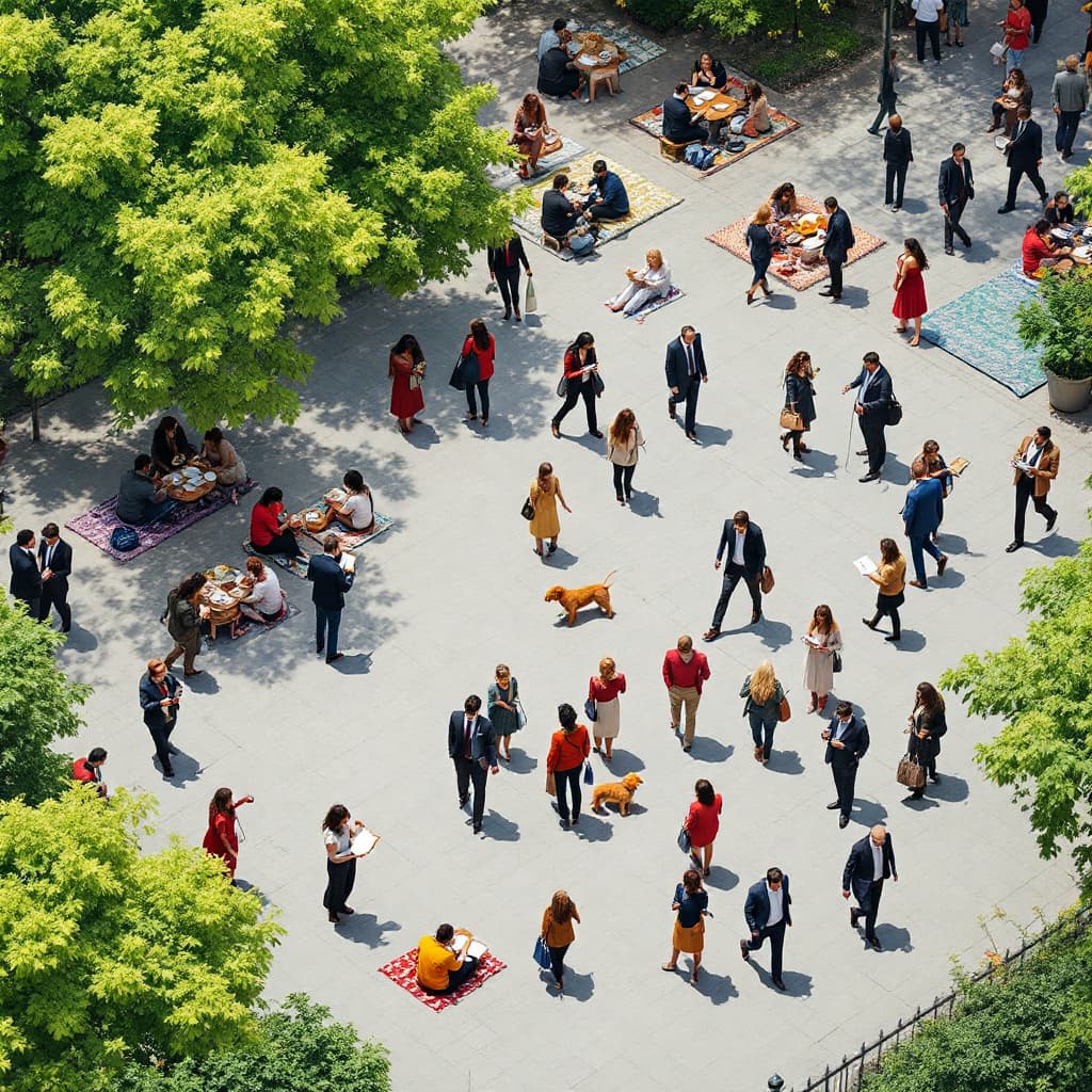 AI generated: image of a bustling urban park scene viewed from above, diverse groups of people engaged in various ...