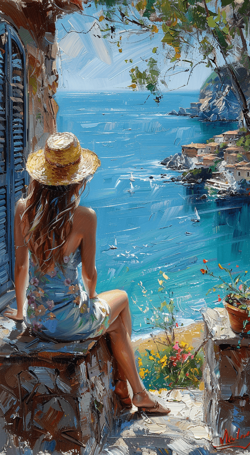 AI generated: Impressionist painting of a woman in a summer dress and straw hat sitting on the stone wall of an ol...