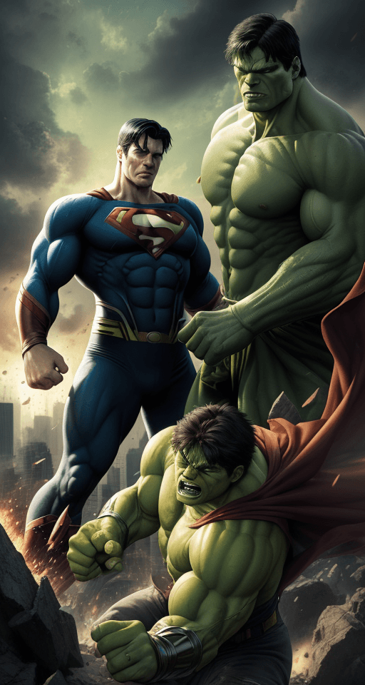 AI generated: battle of ideals, Heroic, epic, Realism, hulk versus superman --v 4