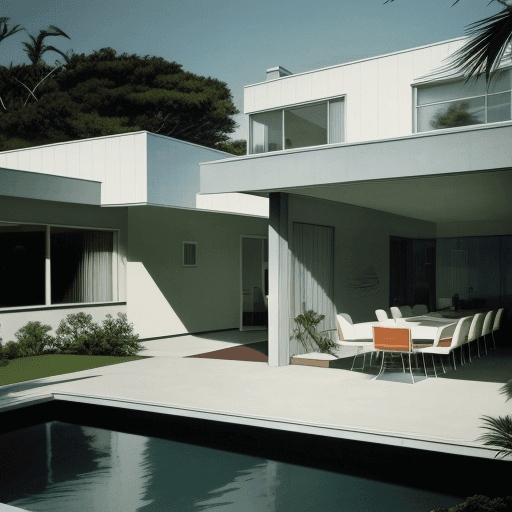 AI generated: Hyper realistic eye level exterior photo of a mid century modern style house overlooking the ocean, ...