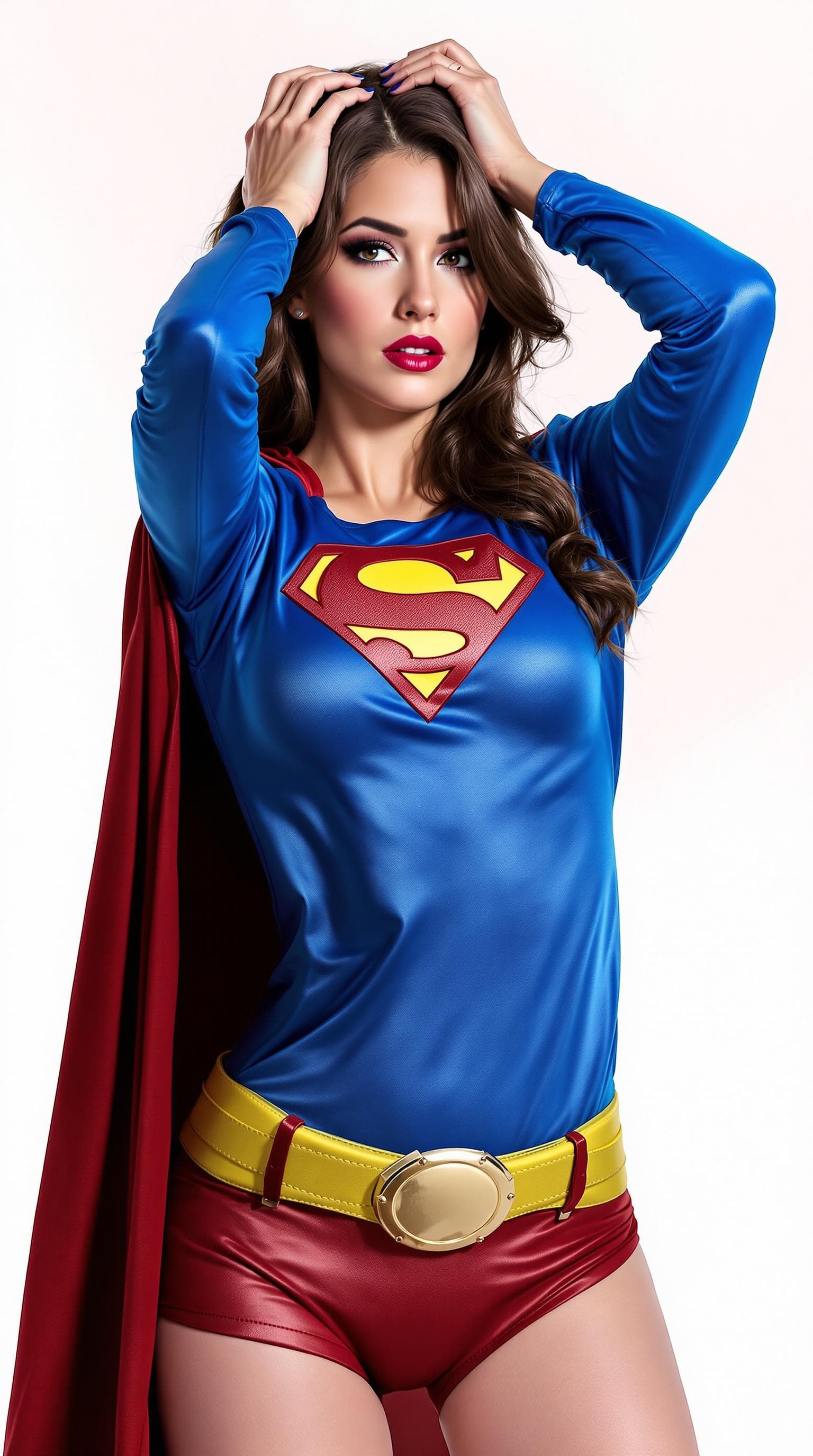 AI generated: a woman in a superman costume posing for a picture with her hands on her head and her shirt open, Co...