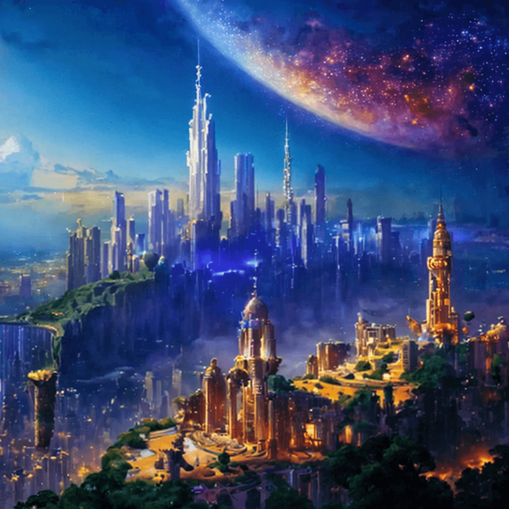 AI generated: a painting of a city with a futuristic skyline in the background and a distant star filled sky above...