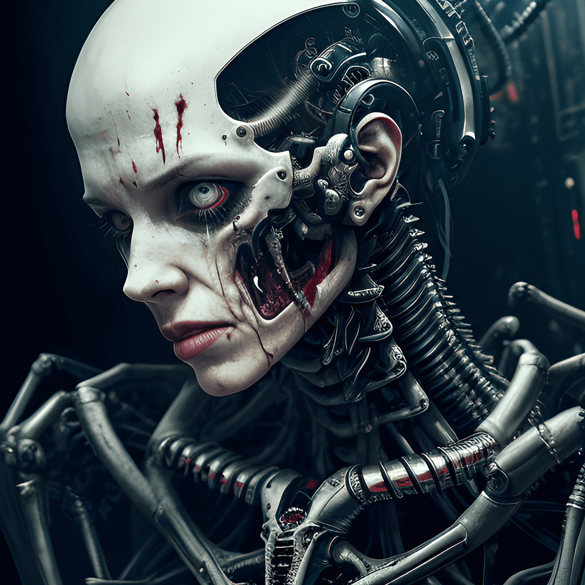 AI generated: A woman is connected to a mechanical machine.she is connected to it with cables and wires.she is a c...