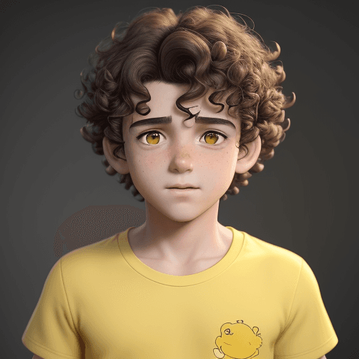 AI generated: a boy with curly hair and yellow shirt, in the style of rendered in cinema4d, charming characters, i...