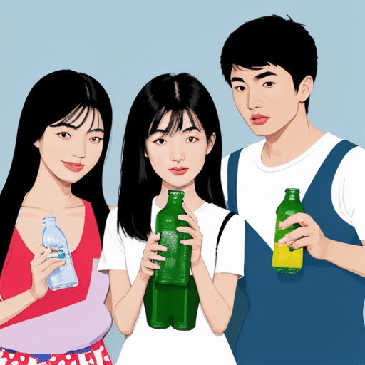 AI generated: A flat illustration of 2 asian women and 1 asian man happily drinking PET bottle drink togher, The c...
