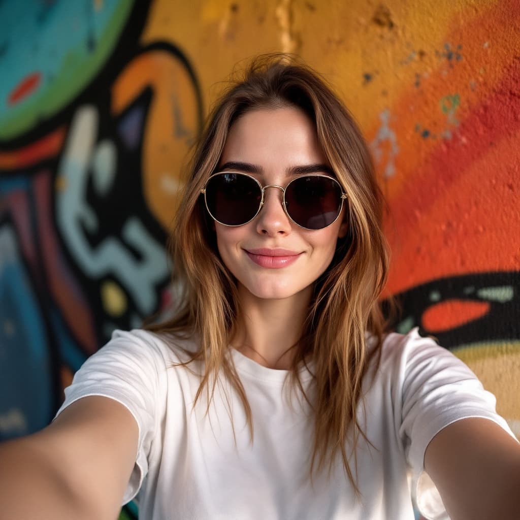 AI generated: A young Caucasian woman with brown hair wearing sunglasses and a white t-shirt, standing in front of...
