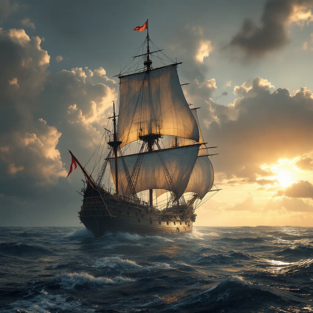 AI generated: Photo of a ultra realistic sailing ship, dramatic light, pale sunrise, cinematic lighting, battered,...