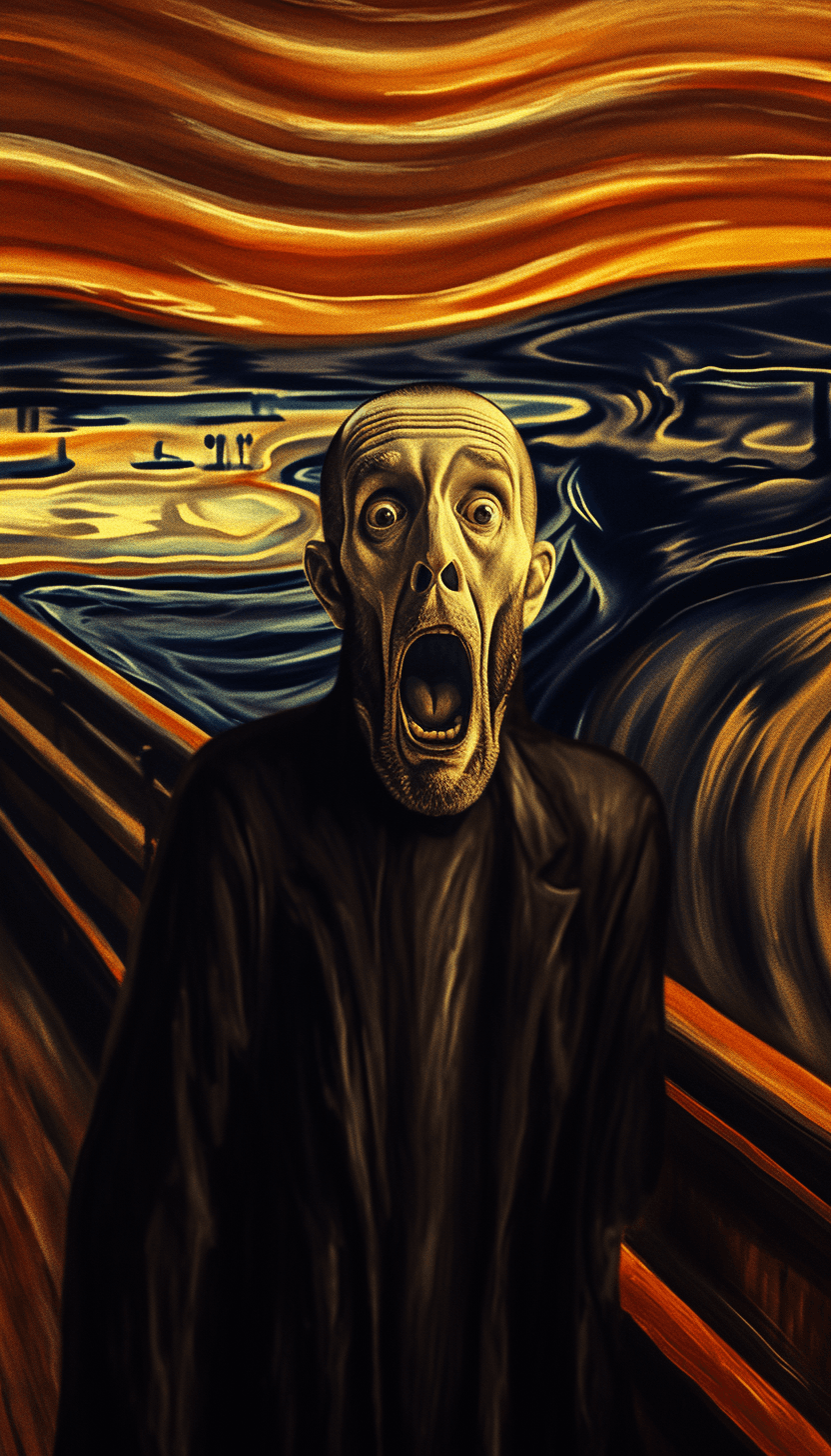 AI generated: 
Funny scene from the scream the movie cinematic shot, historical, high details