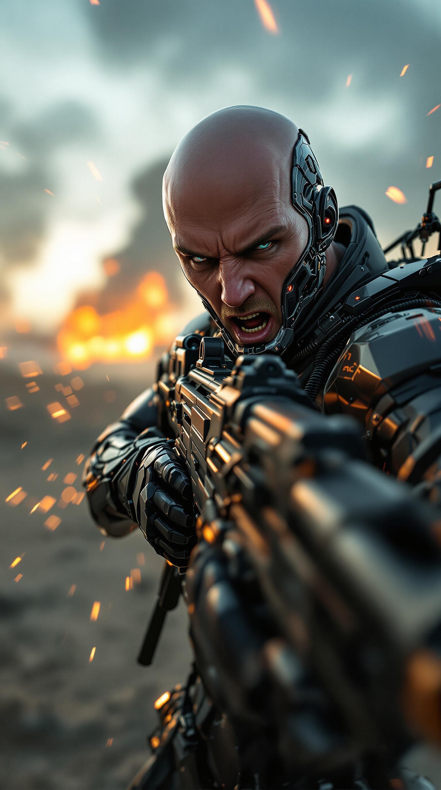 AI generated: 8k, ultra realistic, hand held selfie perspective as a a cyborg, bald head transhumanism warrior, cl...